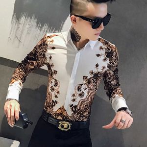 Print Casual Mannen Shirt Lange Mouwen Shirts Mannen Jurk Slanke Streetwear Social Shirt Night Club Party Kleding Chemise Homme 210527