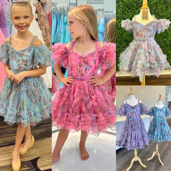 Vestido de desfile de niña con estampado floral 2024 Mangas de globo con volantes Cóctel de cumpleaños para niños pequeños Vestido de fiesta formal Bebés pequeños Adolescentes Preadolescentes Tiny Young Junior Miss Pink