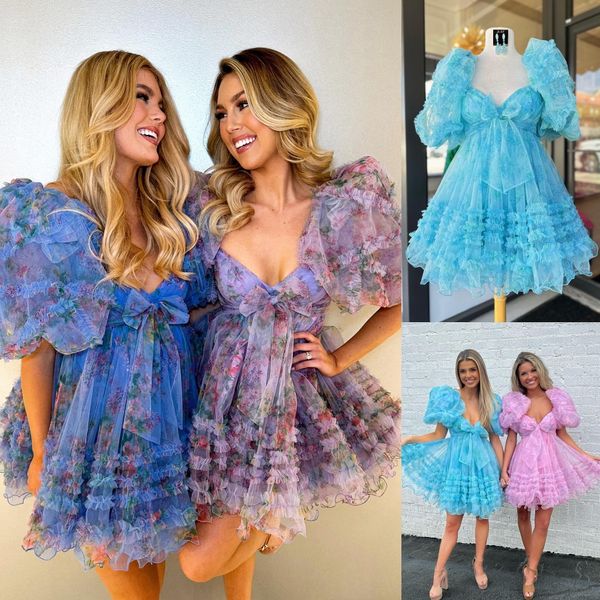 Robe de soirée imprimée florale 2k23, nœud court, manches ballon à volants, drame, remise de diplôme, cocktail, mariage, invité, club de vacances, cravate noire, gala, lilas, rose, bleu