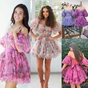 Imprimer la robe de retour florale 2k24 Hoco Sleets Ballon Hoco Sheer Corset Drama Graduation Cocktail Party Mariage Invités Club Black-Tie Gala Lilac Rose Bleu