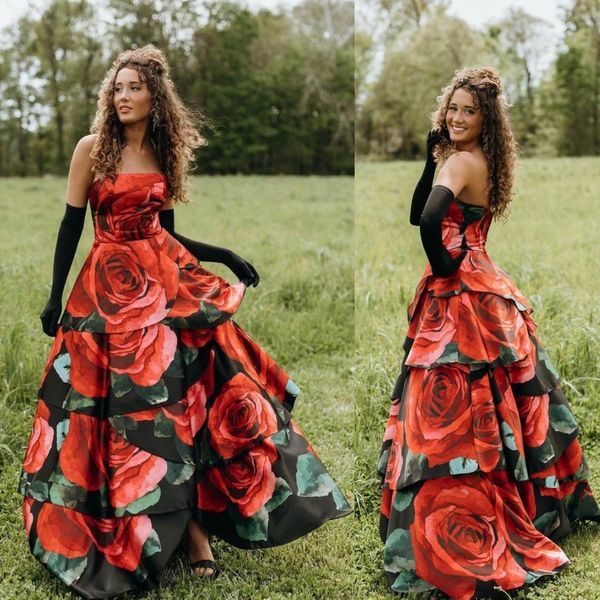 Robe de bal imprimée florale 2k23 sans bretelles en satin rose imprimé robe de bal superposée Lady Pageant soirée formelle événement fête piste noire-cravate tapis rouge robe de gala noir/rouge