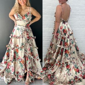 Robe de bal imprimée florale à volants Champagne Lady Pageant Printemps Hiver Robe de soirée formelle Occasion spéciale Gala Retour Cravate noire Invité de mariage Fente en V ouverte dans le dos