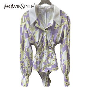 Print Floral Slim Bodysuit voor Vrouwen Revers Lange Mouw Hoge Taille Holle Hit Color Jumpsuit Vrouwelijke Mode 210521