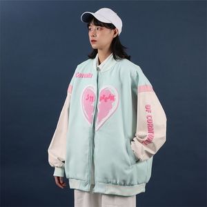 Vestes Vintage imprimées cœur pour femmes, automne hiver, bombardier esthétique, manteaux épais de Baseball, mignons, amples, surdimensionnés, vêtements d'extérieur