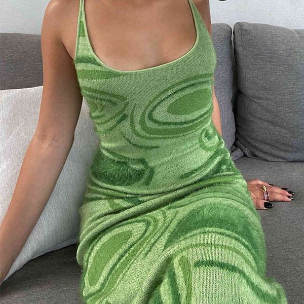 Vestido bodycon de punto de impresión mujeres verde verano ahueca hacia fuera sexy sin mangas correa de espagueti playa midi vestidos fiesta 210430