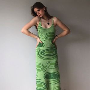 Robe en tricot imprimé femmes vert Y2K été sexy robe moulante sans manches spaghetti sangle plage fête midi robes tenue décontractée 210521