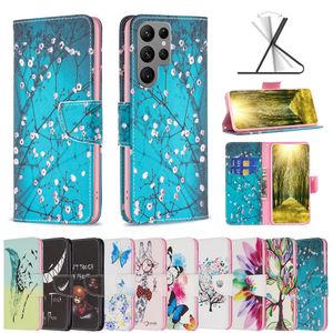 Print lederen portemonnee kisten voor Samsung Galaxy S23 Ultra plus A14 5G A23E A04 4G Panda Butterfly Flower Fashion Elephant Cartoon ID Card Slot Holder Flip Cover Slavouch