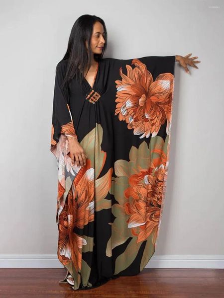 Imprimer maxi robe batwing manche tunique printemps / automne plage décontractée plus taille femme plagewear kaftan sarongs