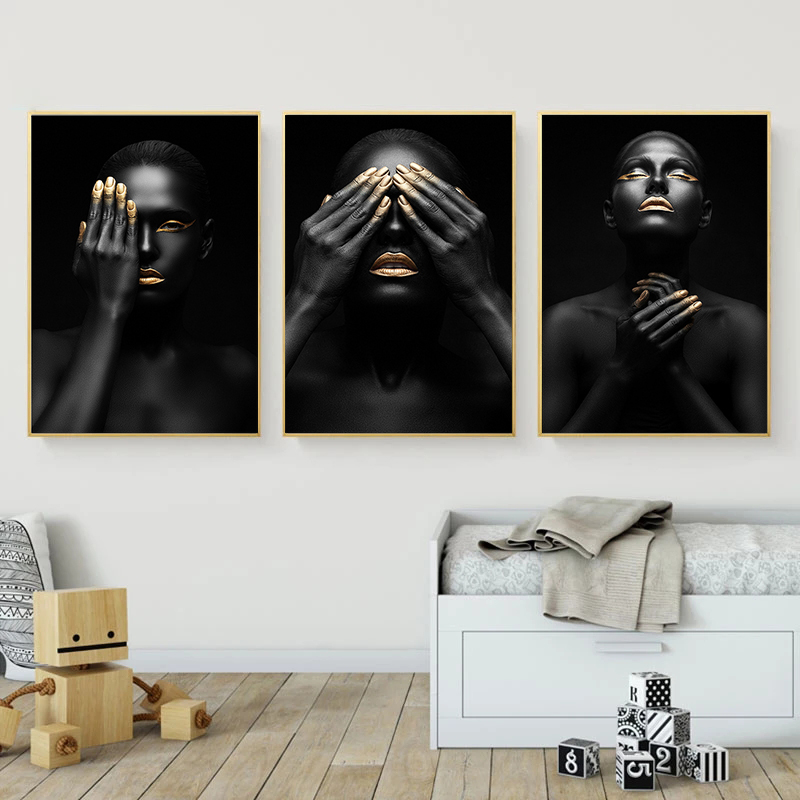 Print schilderij op canvas muur foto -nummers figuur zwart goud Afrikaanse vrouw wall art print foto voor woonkamer decoratie