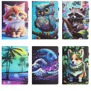 Estuches para tabletas con billetera de cuero PU con estampado para iPad Mini 1 2 3 4 5 Samsung Galaxy Tab A9 2023 Océano Mariposa Perro Gato Búho Árbol de coco Cubo Mapache Ranura para tarjeta Monedero