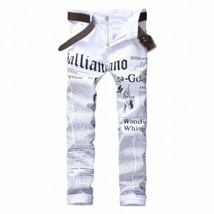 Imprimer Ripped Casual Straight FiMen Jeans Denim Blanc Journal Blanc Nouvel Homme Pantalon Grande Taille N1u1 #