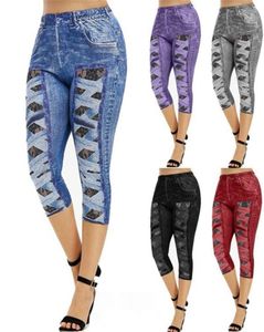 Legging corto estampado Jeggings de mujer pantalones vaqueros de ajuste perfecto mallas de cintura alta elástico Capri Leggins pantalones verano falso Denim16481391