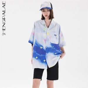 Print Starry Sky Blouse Dames Zomer Laprl Grote Maat Single Breasted Korte Mouw Hip Hop Shirt 5A1371 210427