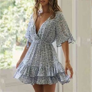 Imprimer été Boho robe pour femmes manches évasées col en V Floral robe d'été courte décontracté bleu plage Vestidos 210427