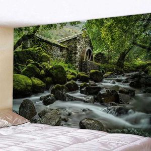 Tapices impresos Gran bosque natural Cascada Tapestería Muro colgante Vista de mar Cielo estrellado Tapa de fondo Mandala Decoración de arte de pared R0411