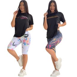 Drucken Sie zweiteilige Hosen, lässiges Rundhals-T-Shirt und Shorts-Set für Damen, Sommer-Outfits, kostenloser Versand