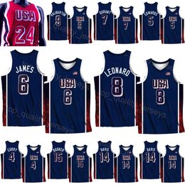 Impresión de la camiseta de baloncesto estadounidense Estados Unidos 2024 National Navy Red 4 Stephen Curry 6 LeBron James 8 Kawhi Leonard 11 Joel Embiid 14 Davis 13 Bam Adebayo 10 Jayson Tatum