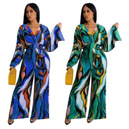 Print V-hals Jumpsuits Rompertjes Vrouwen Casual Hoge Taille Bandage Lange Speelpakjes Gratis schip