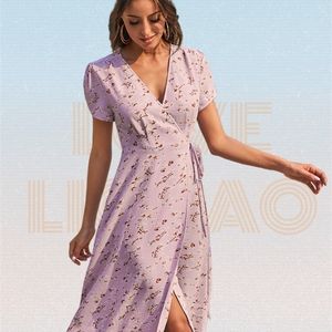 Robe longue en mousseline de soie, imprimé Floral, col en v, bretelles, Slim, manches courtes, décontractée, ligne a, fendue, été, 220516