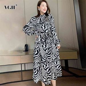 Print zebra lente jurk voor vrouwen stand kraag lange mouw hoge taille hit kleur jurken vrouwelijke mode kleding 210531