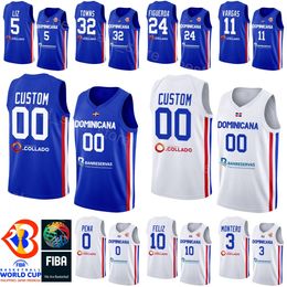 Gedrukt WK 2023 3 Jean Montero Jersey Basketball Dominicaanse Republiek 5 Victor Liz 0 Antonio Pena 10 Andres Feliz Karl-Anthony Towns 32 24 L.J. Figueroa Blauw Wit