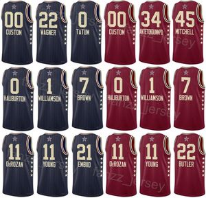 Maillot de basket-ball All-Star Jalen Brunson imprimé 2024 11 Julius Randle 30 Mikal Bridges 1 Derrick White 9 LaMelo Ball 1 Jrue Holiday 4 Zion 1 Franz Wagner Bleu marine rouge