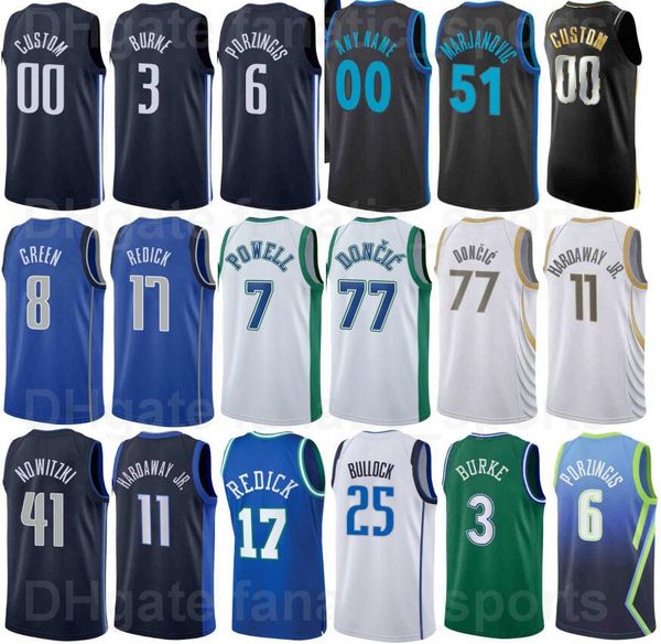 Imprimé 75e anniversaire Basketball Dirk Nowitzki Jersey 41 Luka Doncic 77 Jalen Brunson 13 Kristaps Porzingis 6 Tim Hardaway Jr 11 JJ Redick 17 Team Man Woman Youth