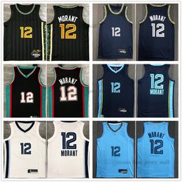 Gedrukte 75e patch basketbaltruien Ja 12 Morant Jersey kleur wit zwart blauw