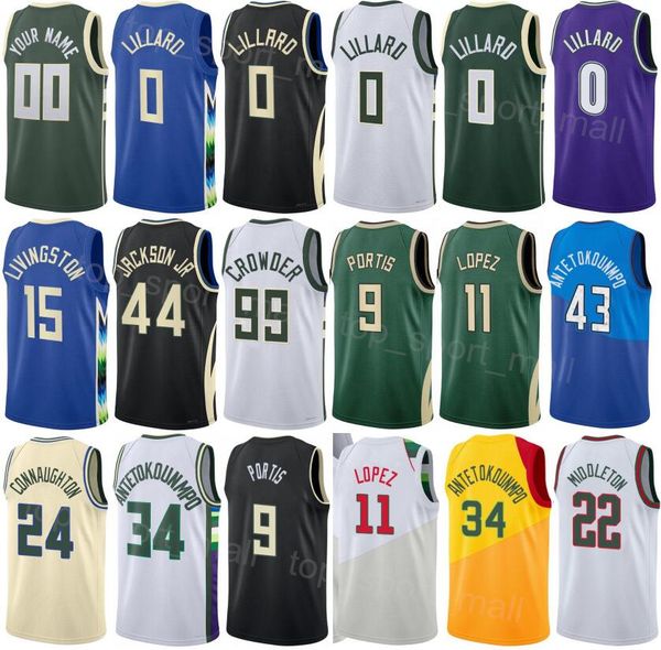 Homme Enfants Imprimé Basketball Damian Lillard Jersey 0 Pat Connaughton 24 Brook Lopez 11 Khris Middleton 22 Giannis Antetokounmpo 34 Bobby Portis 9 Numéro de nom personnalisé