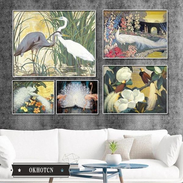 Pintura en lienzo de pájaro impreso para el arte de la pared, póster de grúa de loro y pavo real blanco, imágenes modulares, decoración Vintage para el hogar Woo