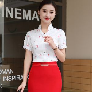 Gedrukte blouse rok meisje professioneel pak shenzhen luchtvaartmaatschappij stewardess uniform korte mouwen v nek retro bloemen werk kleding