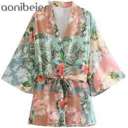 Imprimé décontracté vacances femmes Kimono chemises mode ouvert avant manches raglan blouses amples femmes hauts longs avec ceintures 210604