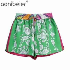 Gedrukt casual vakantie vrouwen losse shorts zomer trekkoord elastische hoge taille dunne vrouwelijke bodems 210604