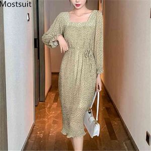 Gedrukte chiffon vrouwen jurk volledige mouw vierkante kraag sjerpen losse taille midi jurken Koreaanse elegante vintage vrouwelijke vestido 210513