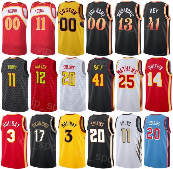 Maillots de basket-ball classiques imprimés Bruno Fernando 24 Saddiq Bey 41 Trae Young 11 Deandre Hunter 12 John Collins 20 Bogdan Bogdanovic 13 Garrison Mathews 25 hommes