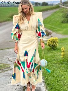 Contracte imprimé Suisse plissée robe Femme Long Puff Sleeve V-Neck Top High TAILLE Jupe Femelle 2024 Spring Autumn Lady Suit 240409