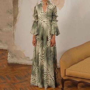 Gedrukte ontwerper V-hals LANTERN MEEVEN SLEEVES JUILEN Lange jurken voor vrouwen