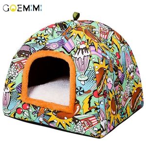 Imprimé chien chat grotte confortable lit chaud pour animal de compagnie de haute qualité chiot maison de couchage s Y200330