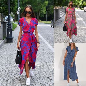 Bedrukte jurk voor dames zomer V-hals split middenlengte dameskleding