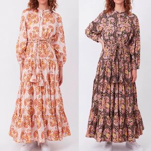 Jurk met print Lente en herfst Nieuwe mode Veters Lantaarnmouwen Lange mouwen Omwikkelbare taille Show Dunne bedrukte gefragmenteerde bloemen Elegante temperament lange jurk