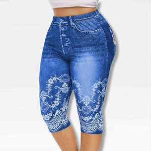 Gedrukte valse denim yoga broek 3 \ 4 dames jeans leggings hoge taille rijbroek broek super elastische jeggings plus maat 5xl h1221