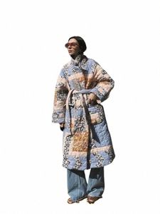 Impreso floral LG Cott Coat con cinturón Mujeres LG Manga Espesar Chaqueta cálida 2023 Invierno Fi Mujer Street Outwears G1II #