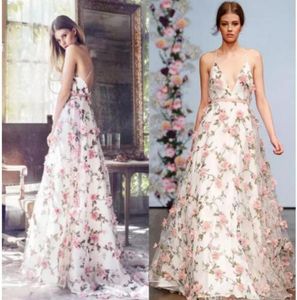 Gedrukte bloemen prom -jurken Long Organza verlovingsjurk Open Back Avond feestjurken Sexy Vneck formele jurk Dubai Abiye7308791