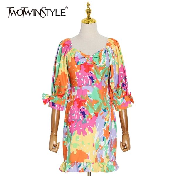 Vestido de color de golpe impreso para mujeres con cuello en V manga de soplo de cintura alta ahueca hacia fuera patchwork bowknot mini vestidos femeninos 210520