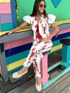 Les chemises de femelles de homard imprimées à lacets à manches courtes à manches courtes hautes hautes et à la jambe large set Summer Street Print Lady Outfits 240516