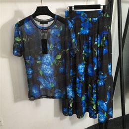 Gedrukte Mesh T-shirts Jurk Tweedelige Voor Vrouwen Dunne See Through Tees Tops Hoge Taille Rokken Mode 2 Stuks Sets