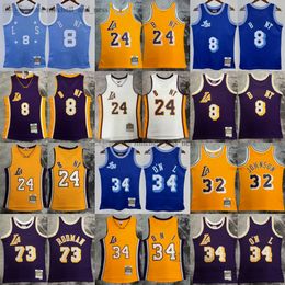 Gedrukt Throwback 1984-85 Basketbal Johnson Jersey Retro Geel Paars 73 Dennis Rodman Jerseys Klassieke ademende sport Bryant Shirts voor herenmaat