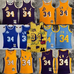 Imprimé Mitchell et Ness 1996-97 Basketball # 34 Jersey Retro 1999-00 Jaune Violet Bleu 2001-02 Maillots Homme Chemise de sport respirante classique