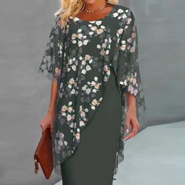 Gedrukt patchwork Chiffon Aline -jurk Elegant Oneck 34 Sleeve woon -werkverkeer Vintage Slim Party Jurken Vestidos 240411