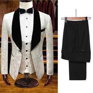 Gedrukt Patroon Mannen Bruiloft Smoking Shawl Revers Bruidegom Dragen Slim Fit Blazer Suits Formele Prom Party Broek Jasje 3 Stuks